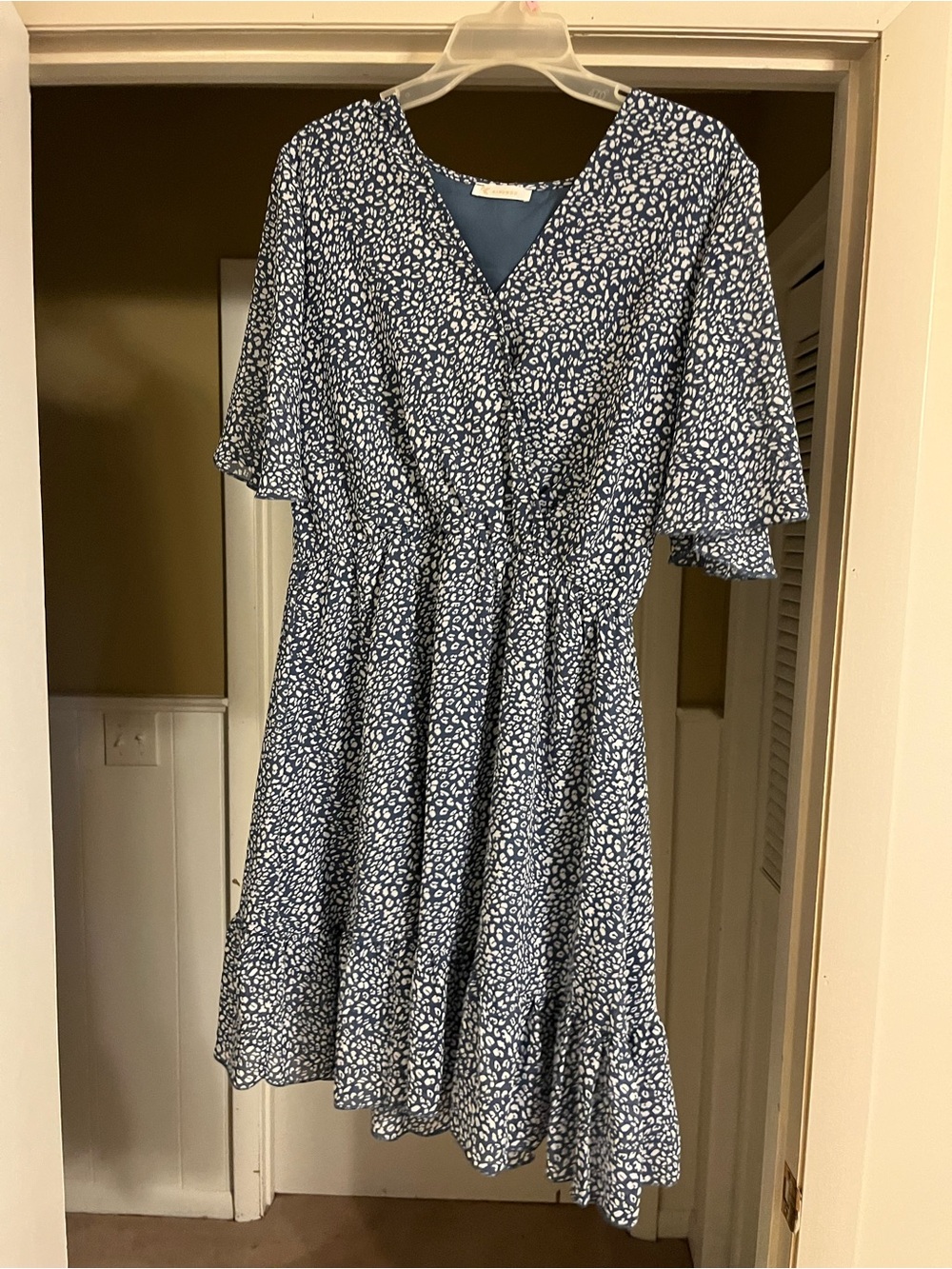 Blue Floral Print V-Neck Ruffle Dress